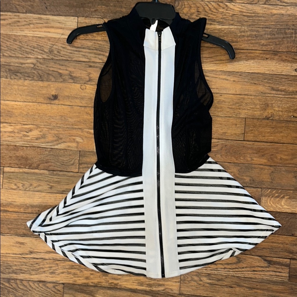 Chic Black and White Striped and Sheer Dress